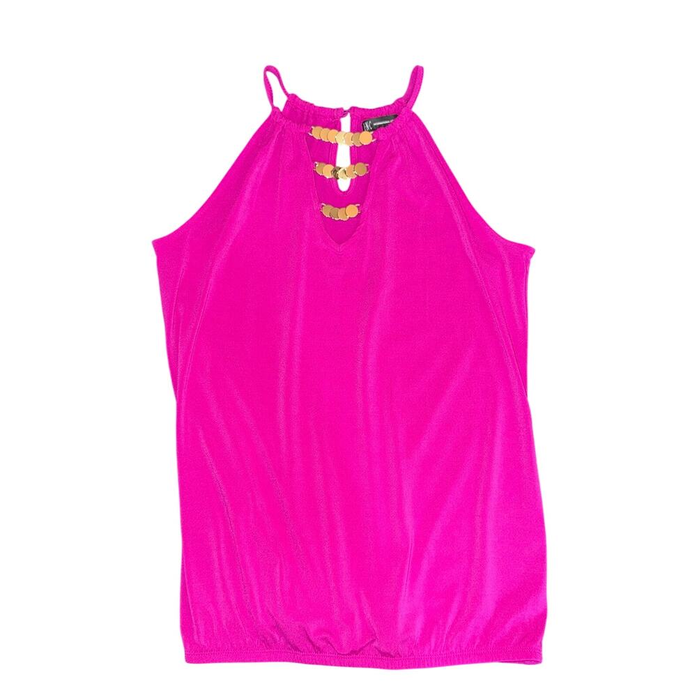 INC International Concepts Hot Pink Halter Top Gold Chain Detail Blouse Med NWT